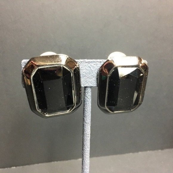 Clip On Earrings As Is Black Gunmetal Silver Octagon Rectangle Retro Vintage - Picture 1 of 6
